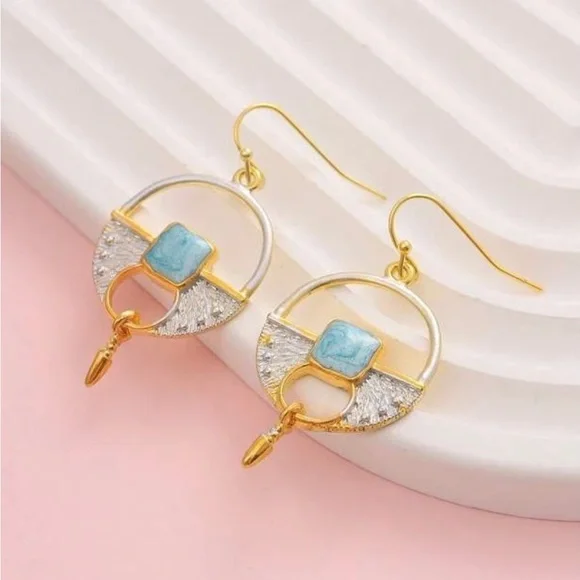 Theodosia~ Tribal Medley Turquoise Square Hoop Shield Dagger Bullet Arrow Dangle - Picture 2 of 4